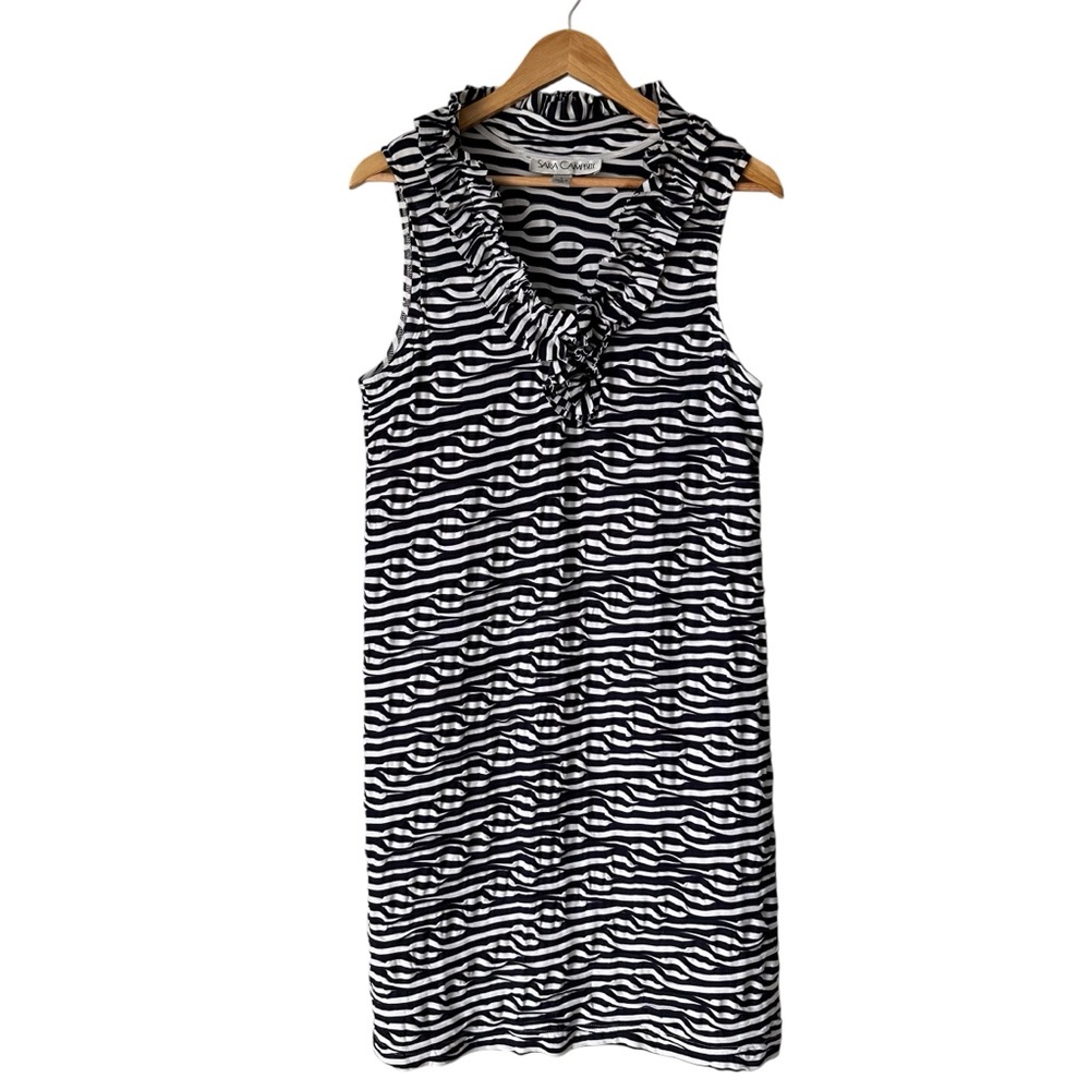 Sara Campbell Sleeveless Ruffle Neck Classic Sun Dress, Navy White Stripe, Large